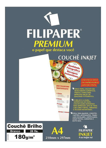 Papel Couchê A4 Filipaper Premium 180g 20 Folhas Branco