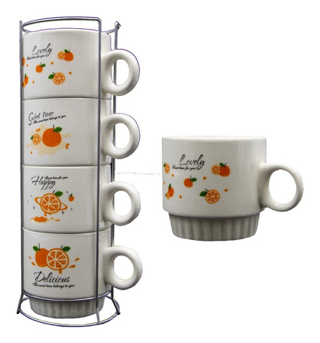  Taza X4 Unidades Ceramica Apilables Con Soporte Metalico 