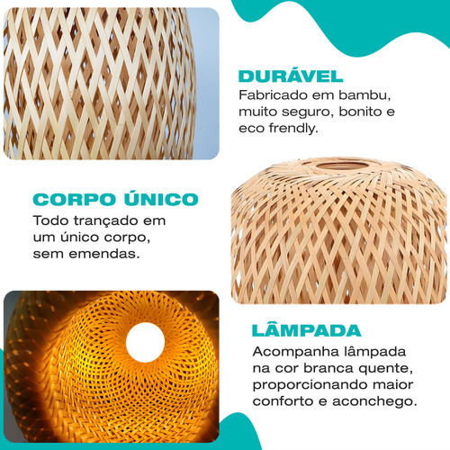 Luminária Led Teto Pendente Lustre Quarto Sala Mesa Cozinha 127/220V Spot Embutir Rústico Bambu 4x4sc
