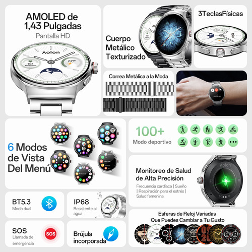 Reloj Inteligente Aolon Prime 3 Smartwatch 1.43'' Amoled Aod, Llamadas Bluetooth, 100+ Deportes, Cuerpo Metálico, Smart Watches Hombres