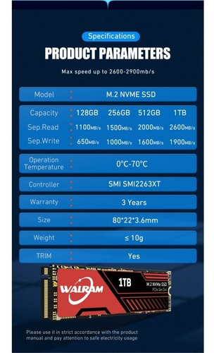Imagen 3 de 9 de Disco Sólido Ssd M.2 Walram Original Nvme 1tb Pcie Gen 3x4