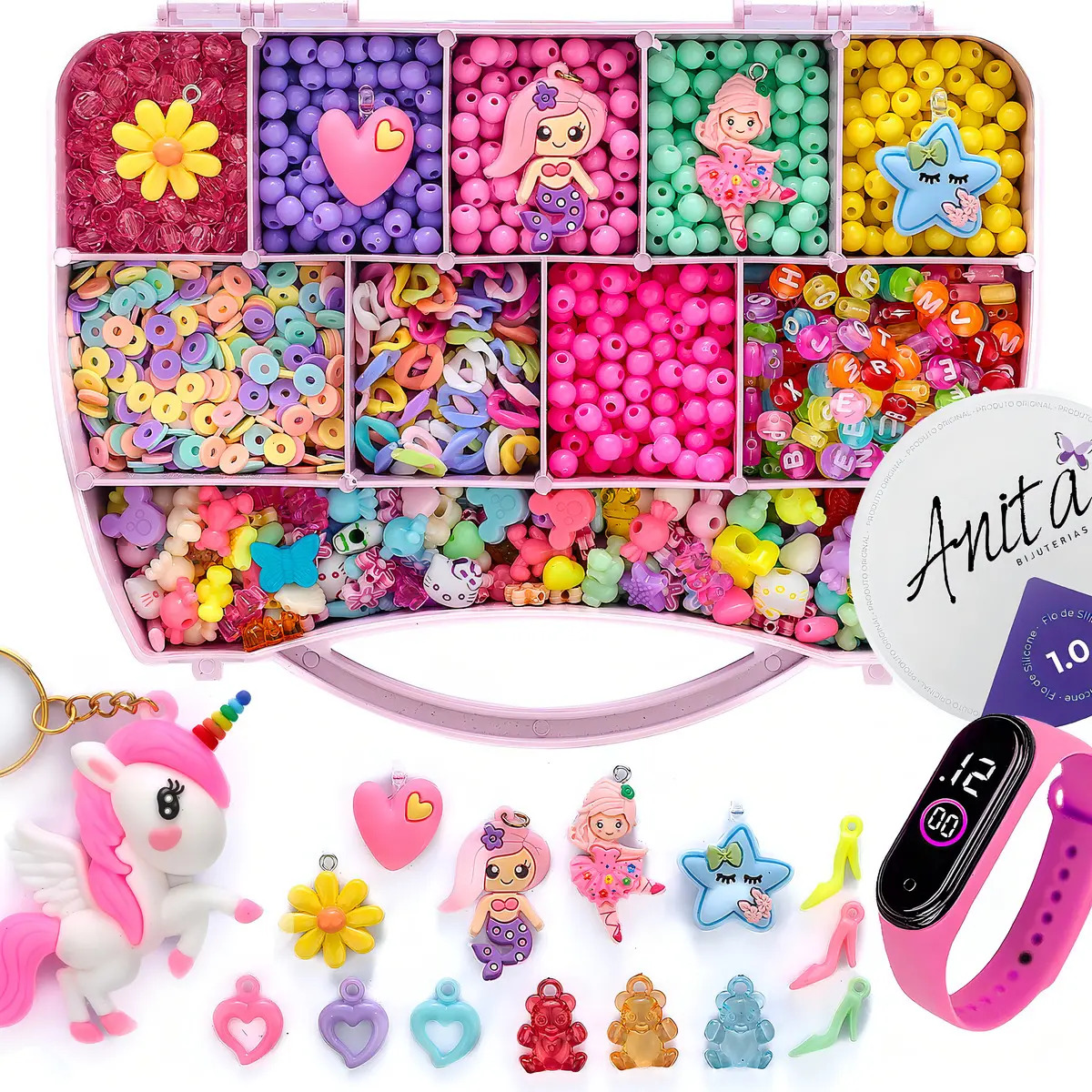 Kit Miçanga Infantil 1900 Pç Para Bijuteria Pulseira Colar Caixa organizadora Rosa
