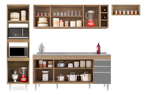 Lumil Móveis Cp18 Armário de Cozinha Modulada 5 Pç Armário/Balcão com Pia Marrom/cinza