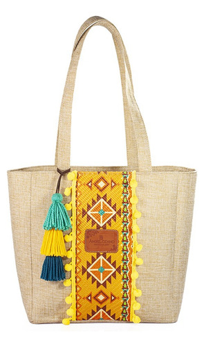 Bolso Tote Artesanal De Yute Natural Con Detalles Sublimados Color Beige Diseño De La Tela Uxmal Yute