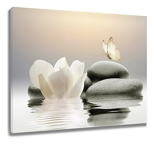 Cuadro Zen Blanco Con Flores Y Mariposas En Piedra Para Deco