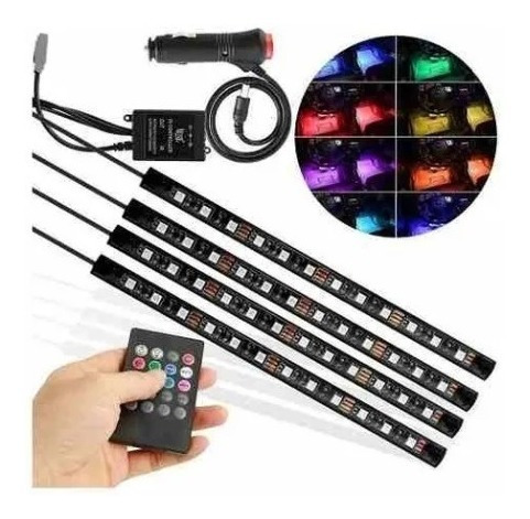 Kit 4 Luces Led Rgb Tunning  Interior Auto Con Control 12v