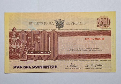 Billete Fantasía 2500 Dólares Premio Readers Digest Argentin