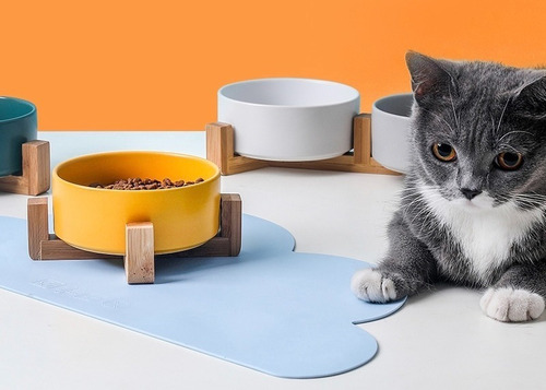 Imagen 1 de 1 de Plato Cuenco De Ceramica Mascotas Perro Gato Soporte Madera
