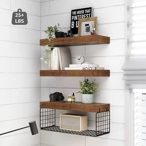 Repisas Flotantes De Madera Modernas Kit X3 Marrón