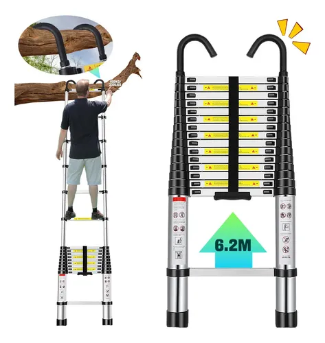 Escalera De Aluminio Retráctil Y Telescópica Multiposiciones 6.2m Con 2 Ganchos BOWOSHEN Escalera Plegable Extensible Compacta Y Portátil Escalera Fácil De Guardar Capacidad De 330 Libras