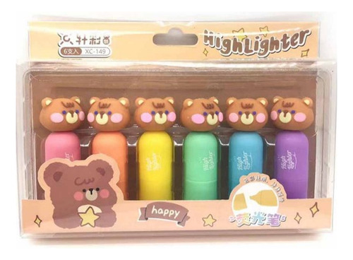 6 Mini Marcadores Resaltadores Con Tapa Ositos Bear Kawaii