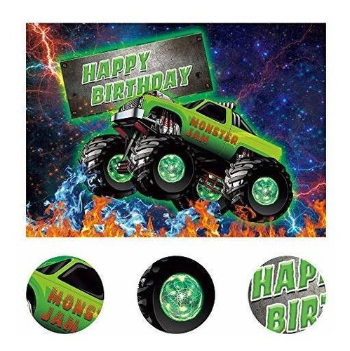 Monster Car Truck Rueda Grand Feliz Cumpleaño Telon Pie