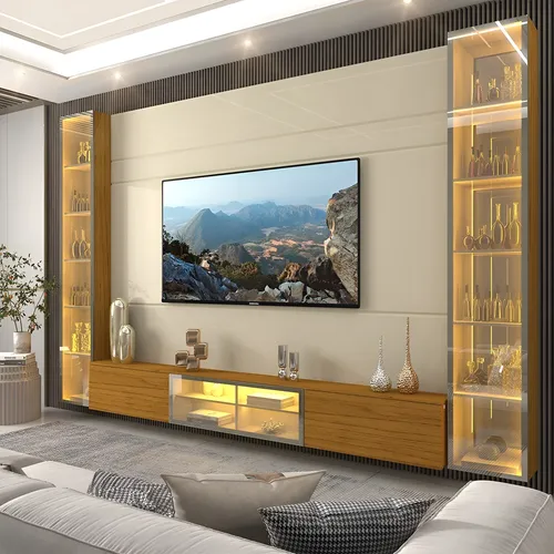 Rack com Painel para TV até 84" Gelius Móveis Luminare Off White/Naturale MDF