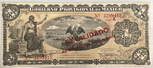 Billete De 1 Peso Gobierno Provisional De México De 1914 (Usado)