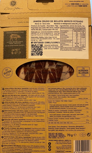 Imagen 2 de 2 de Jamón De Bellota 100% Ibérico Cinco Jotas En Fetas Cortado
