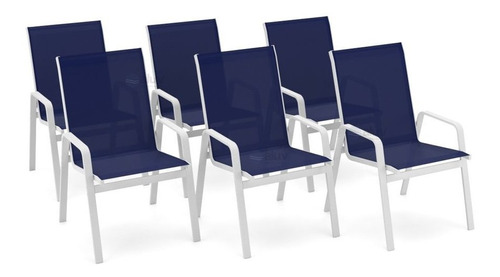 Kit 6 Cadeira Riviera Piscina Alumínio Branco Azul Escuro