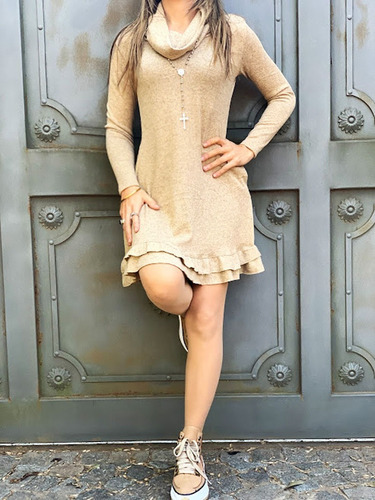 Imagen 3 de 5 de Vestido Volados Bolsillos Cuello Lanilla Mujer Dama Sexy