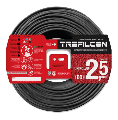 Cable Electrico Normalizado 2,5mm Trefilcon Color Negro X 25 Metros