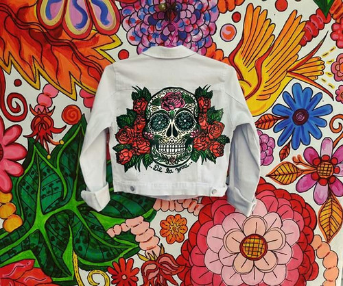 Campera Jean Blanca Elastizada Calavera Mexicana Kalaca Skul