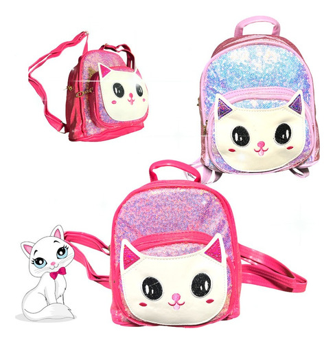 Mini Mochila Infantil P/ Passeio Gatinho Com Glitter Fashion Cor Rosa Pink