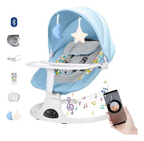 Mecedora 3en1 Bebé: Silla Comer+mosquitero Con Usb/cargador , Hamaca Para Bebé Con Mosquitera, Silla Mecedora Para Bebe, Silla Acolchada Multifuncional Para Bebés (azul Claro)