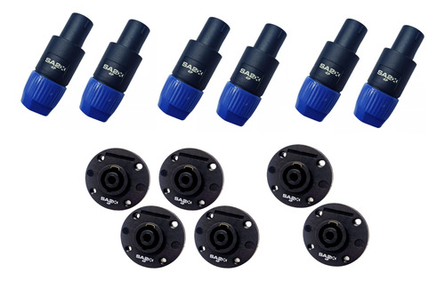 Kit Conector Plug Speakon 6 Macho E 6 Fêmea Painel 4 Polos