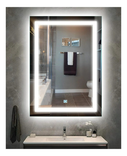 Espelho Jateado Iluminado Com Led E Touch Screen 90x50cm Moldura Branco Quente 3000k Na Vertical