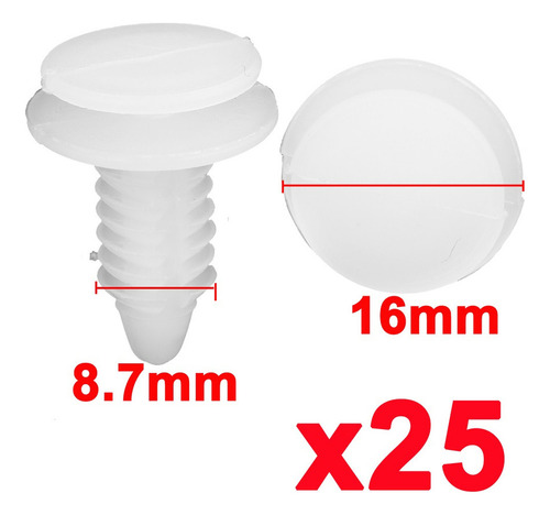 D 25 Remache Clip Retención Puerta Universal 7.5mm Blanco