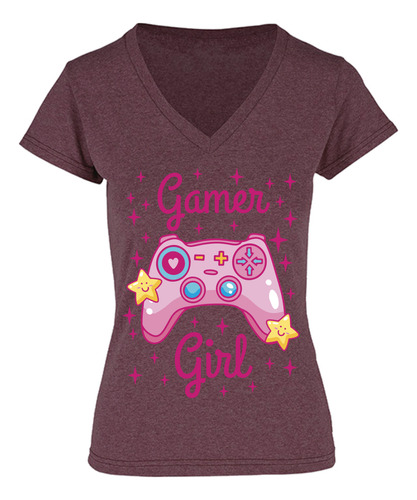 Playera Cuello V Gamer Girl - Video Juegos - Control Rosa