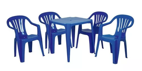 Conjunto de Mesa com 4 Cadeiras Poltronas Plásticas Bela Vista Azul MOR