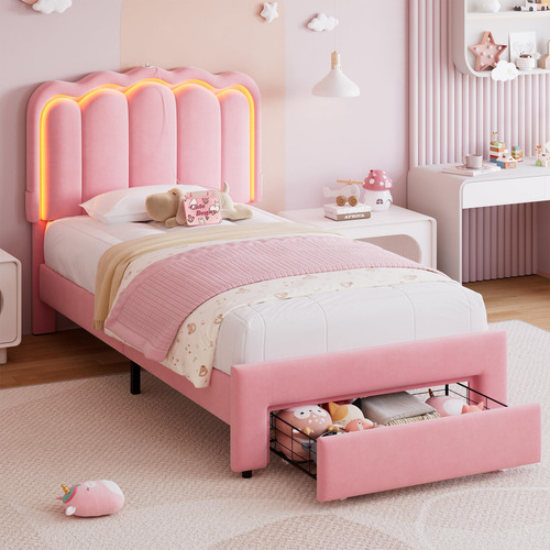 Base De Cama Led Tapizada Individual Con Cajón Y Cabecera Aj