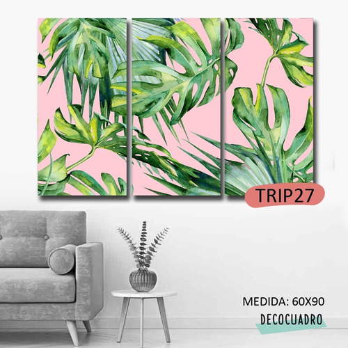 Imagen 7 de 10 de Cuadro Hojas Tríptico 60x90 Decorativo Modernos Tela Impresa