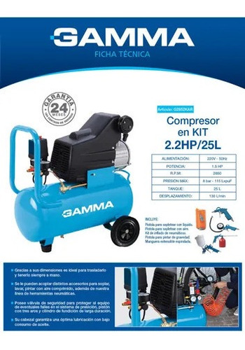 Imagen 3 de 6 de Compresor Aire Gamma G2852k Monofásico 1,5hp 25lt + Kit 5 Pz