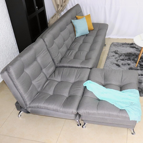 Sala Moderna Esquinera Azul Sofá Sillón Y Taburete Florencia Color Gris
