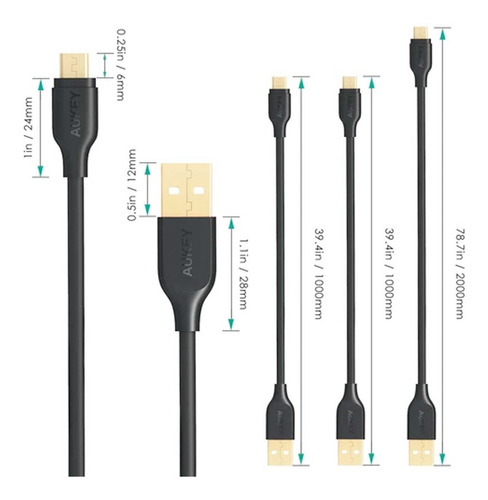 Cable Datos Aukey Usb-a A Micro Usb Paquete De 3 Piezas Gold