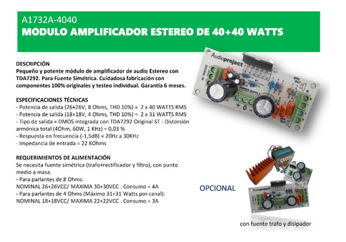 Imagen 3 de 7 de Modulo Amplificador Estereo 40+40 Watts - Audioproject