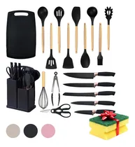 Comprar Set De Utensilios Silicon 19 Pzs Okaeri Cocina Kit Espátulas Cuchara Cuchillos Pinzas Tabla Color Negro