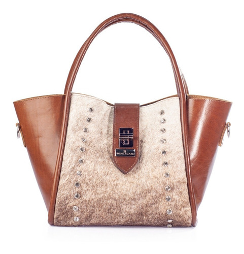 Bolsa Tote De Piel Vacuna Y Pelo Natural Bolsa De Dama Moda Color Café Diseño de la tela Alexa Pelo