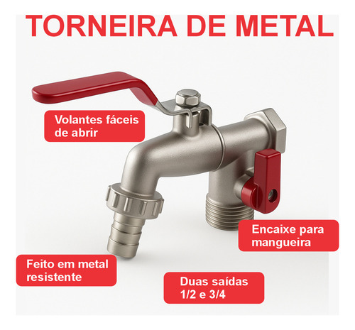 Torneira Tanque Jardim Para Máquina Lavar Área Serviço Dupla Saída Metal Alta Pressão Brilhante Parede Via Flix FC-152 Resistente Com Rosca Padrão Instalação Fácil