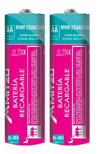 Imagen 2 de 2 de Batería Pila Recargable Doble A 1300mah Mitzu Mnm-2xaa1300ch