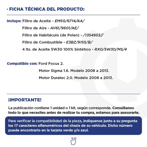 Imagen 2 de 10 de Kit 4 Filtros Ford Focus + Aceite Sintético Motorcraft 5w30