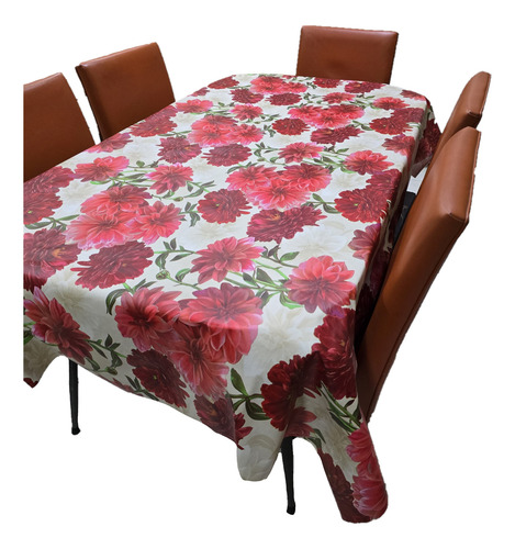 Mantel Mesa Rectangular 1.4x2.5 Impermeable Cuerina Afelpada Flores Rojas