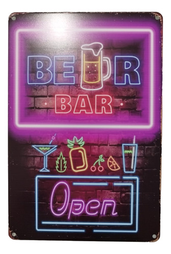 Letrero Vintage Neon Lámina Pared Beer Bar Open 20x30cm