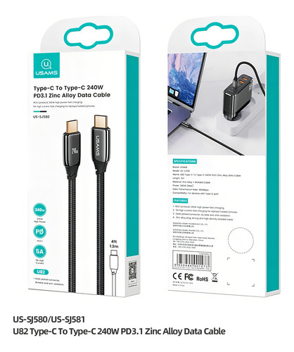 Cable USB-C tipo C Pd de 240 W, 48 V, 1,2 m para teléfono celular MacBook iPad, color negro