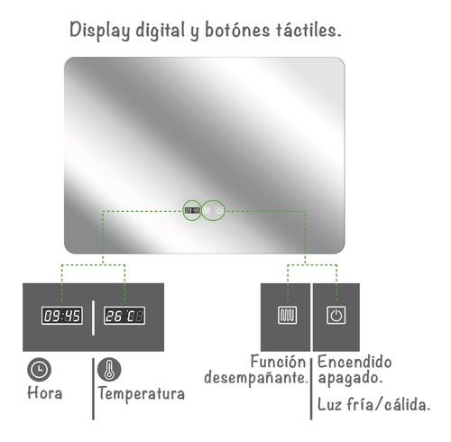 Imagen 2 de 10 de Espejo De Baño Digital Rectangular Smart Luz Led.