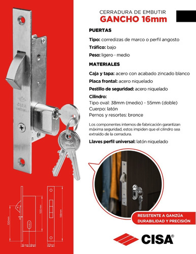 Imagen 3 de 5 de Cerradura Gancho Cisa Cilindro Oval 16mm Medio Con 3 Llaves