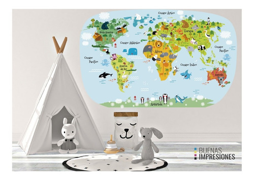 Imagen 1 de 9 de Vinilos Decorativos Mapamundi Infantil - Mapa Animales