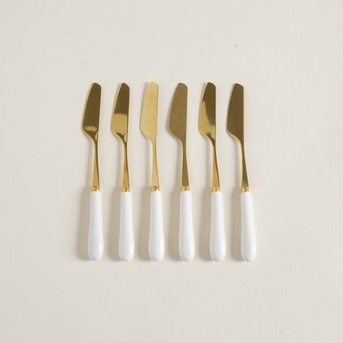 Set X 6 Cuchillos Untadores De Acero Dorado Mango Ceramica