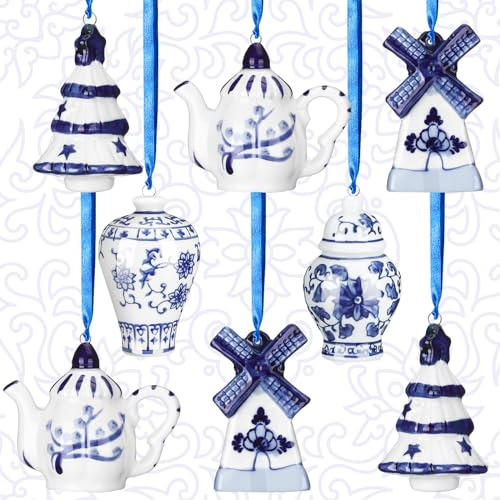 8 Piezas Adornos Navideños De Porcelana Chinoiserie Az...