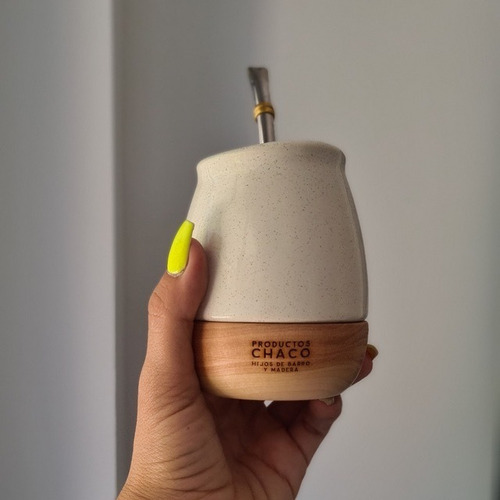 Mate Productos Chaco Porteñito De Cerámica Y Base De Madera Color Granito